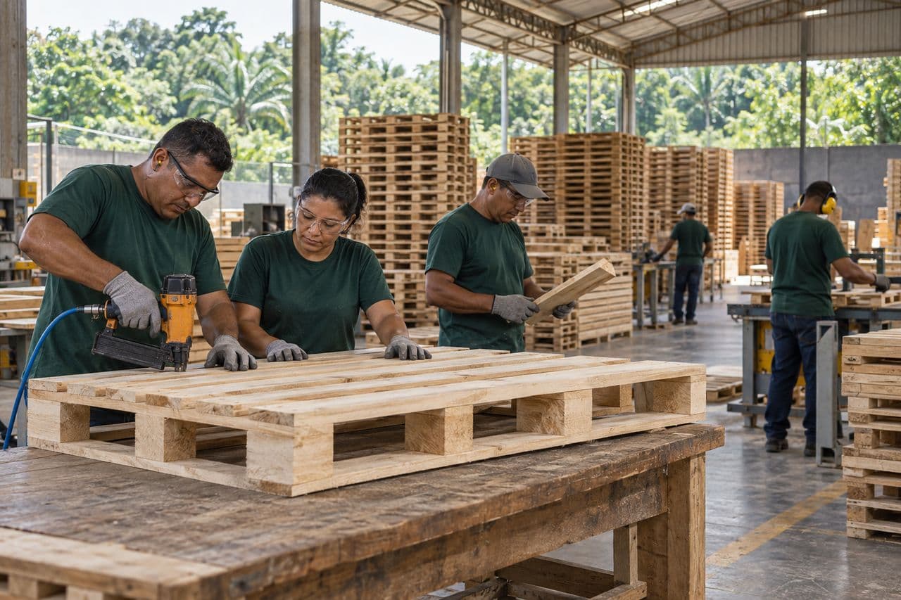 Equipe realizando fabricação e controle de qualidade de paletes de madeira