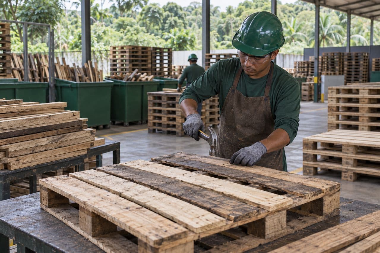 Profissional recuperando um palete de madeira usado